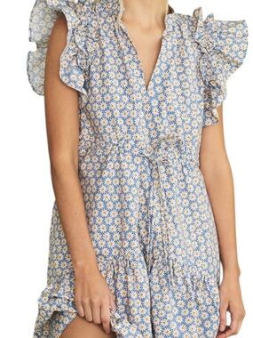 Anthropologie Blue and Cream Daisy Print Ruffled Sundress